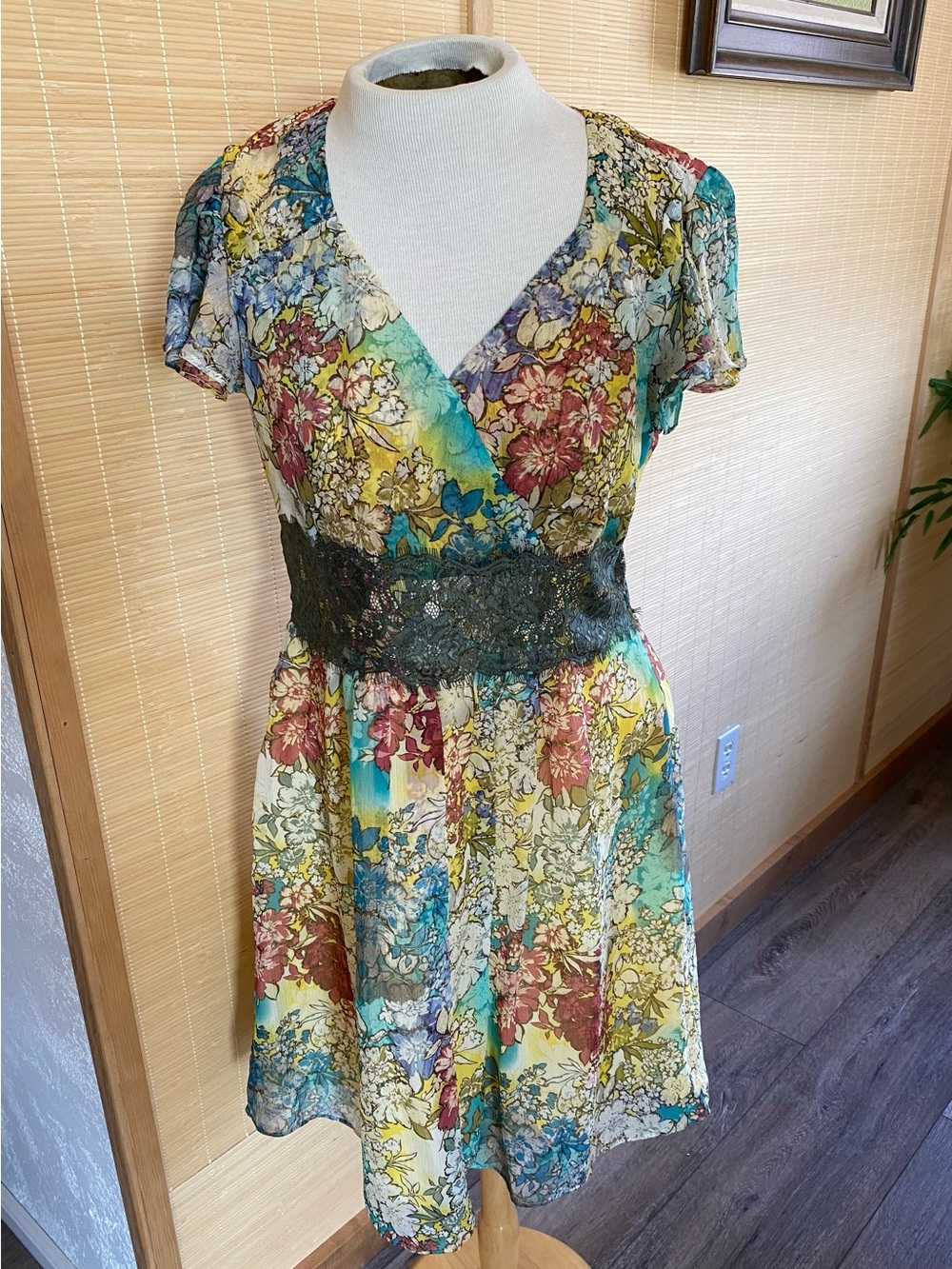 Sundance Silk Floral Wrap Mini Dress with Lace Waist - Yellow, Teal, Burgundy